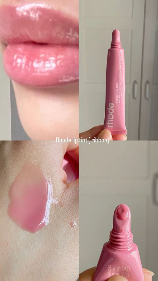 Collage of the "ribbon" shade of the rhode pink lip tint with close-up shots of lips and product packaging.