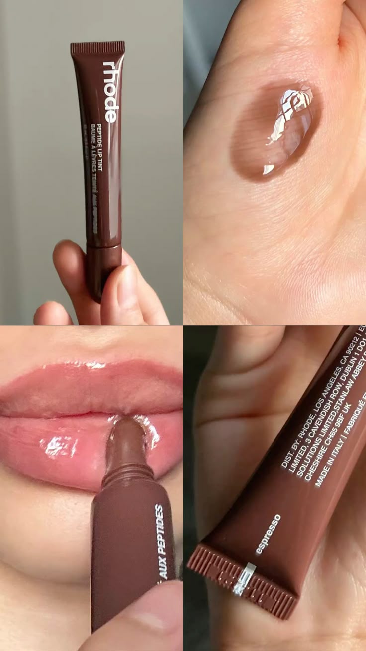 Collage of the Espresso colour rhode lip tint with product close-ups on skin, lips, and packaging.