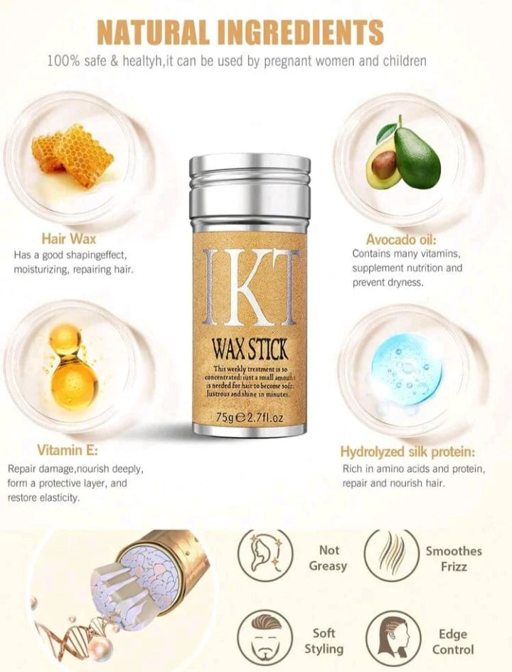 IKT Hair Wax Stick natural ingredients infographic showcasing avocado oil, vitamin E, hair wax, and hydrolyzed silk protein with icons highlighting edge control, soft styling, and smooth frizz protection.
