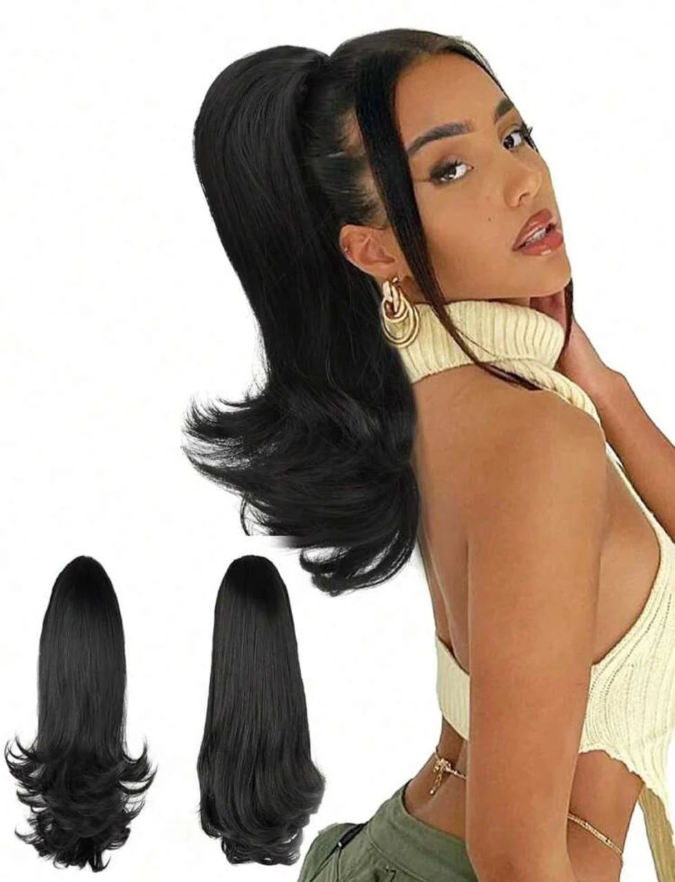 Model wearing Jada sleek black drawstring ponytail extension with flicked ends