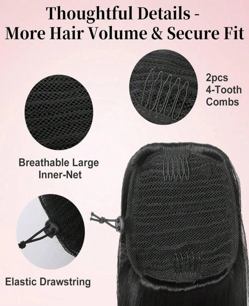 Inside view of Jada ponytail extension showing the 4-tooth combs and breathable net