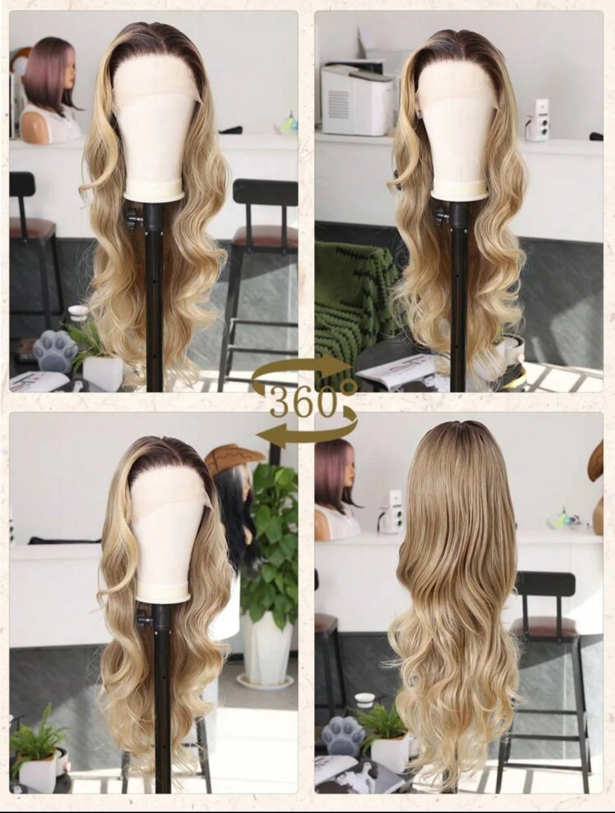 Four-angle 360 view of the Miss Beyonce 26 inch honey blonde body wave lace front wig with dark roots on a mannequin stand