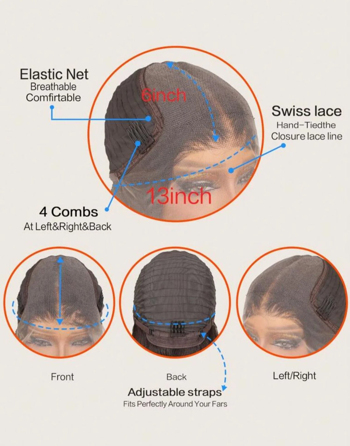 Royal Roots Boutique Miss Beyonce wig cap construction diagram highlighting the 13x6 inch hand-tied Swiss lace frontal, breathable elastic net, 4 security combs, and adjustable straps