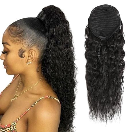 Model wearing 24 inch water wave drawstring ponytail extension in natural black