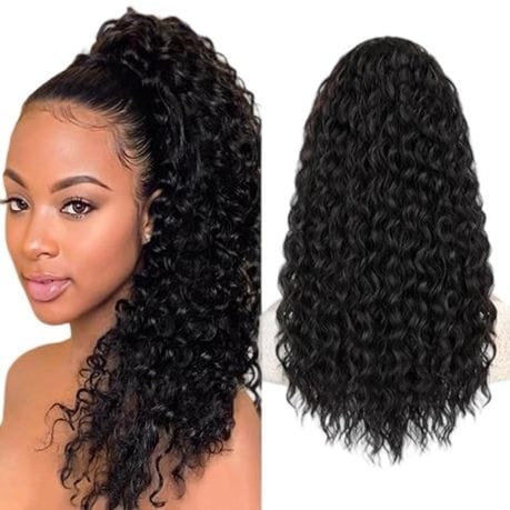 Close up texture of black synthetic water wave ponytail hair extension